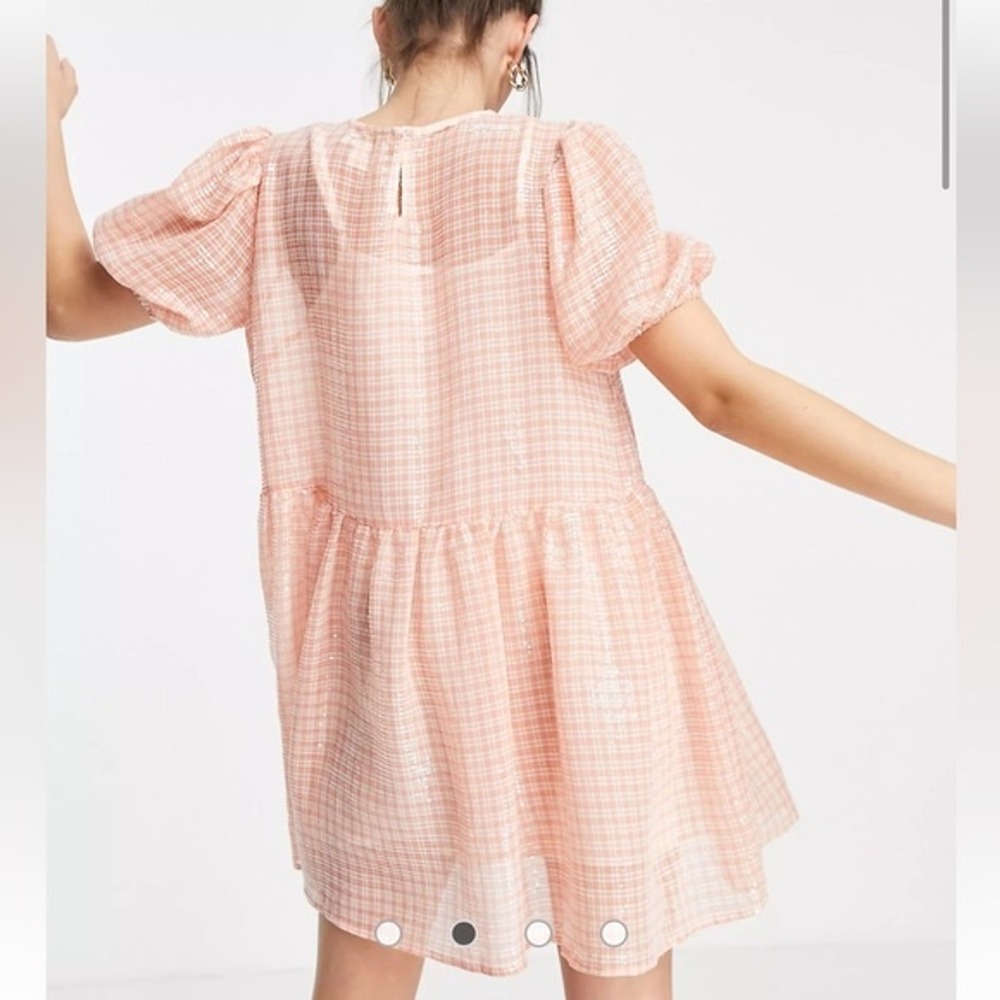 Collective The Label Peach Gingham Sequin Puff Sleeve Babydoll Mini Dress US 12 - Picture 2 of 8